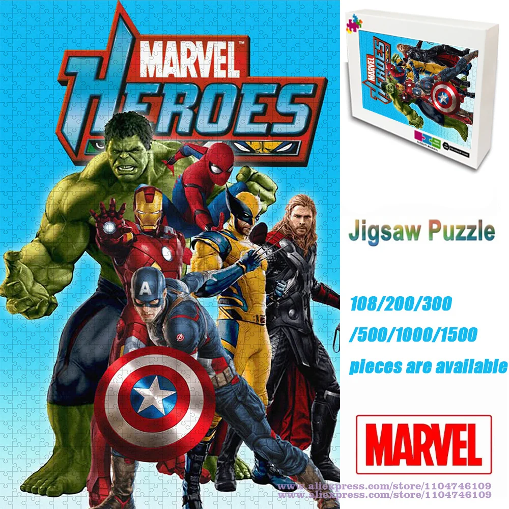 Rompecabezas de héroes de Marvel, personajes de dibujos animados de Anime, 108/200/300/500/1000/1500 Uds., rompecabezas de inteligencia para niños y adultos