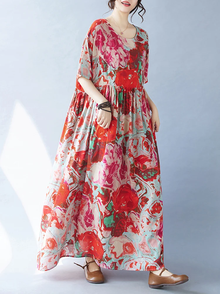 فساتين صيفية جديدة من القطن لعام 2025 فساتين مطبوعة فضفاضة غير رسمية للنساء فستان بوهو للعطلات رداء نسائي ملابس طويلة أنيقة