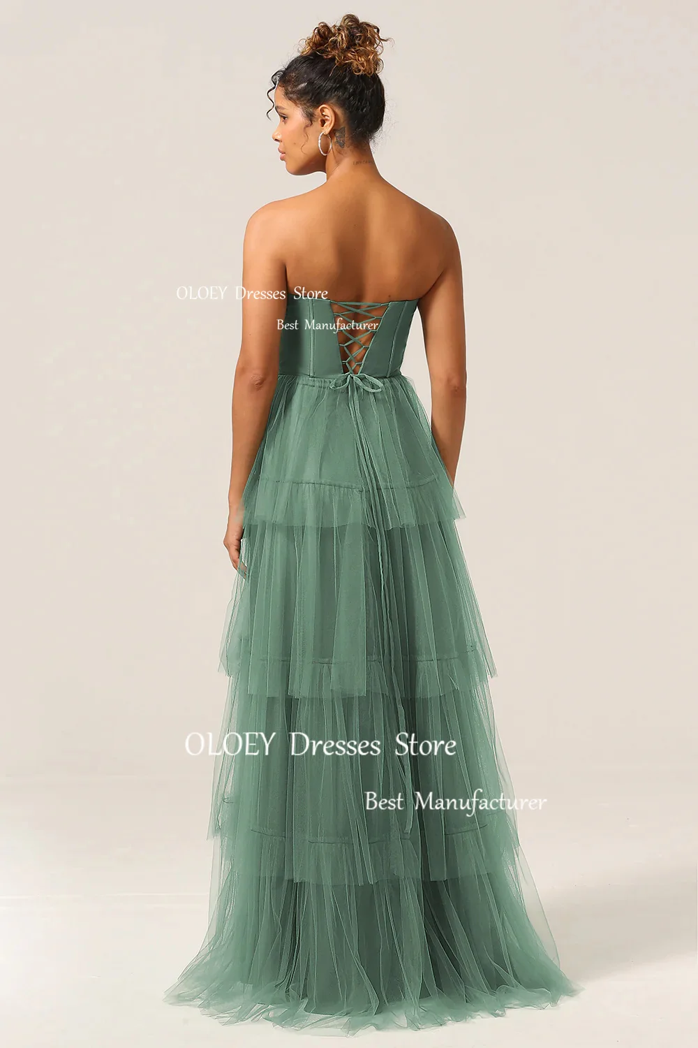 OLOEY Elegant Strapless Green Prom Dress Tiered Silky Organza Photoshoot Wedding Party Dress Floor length Performance Dress