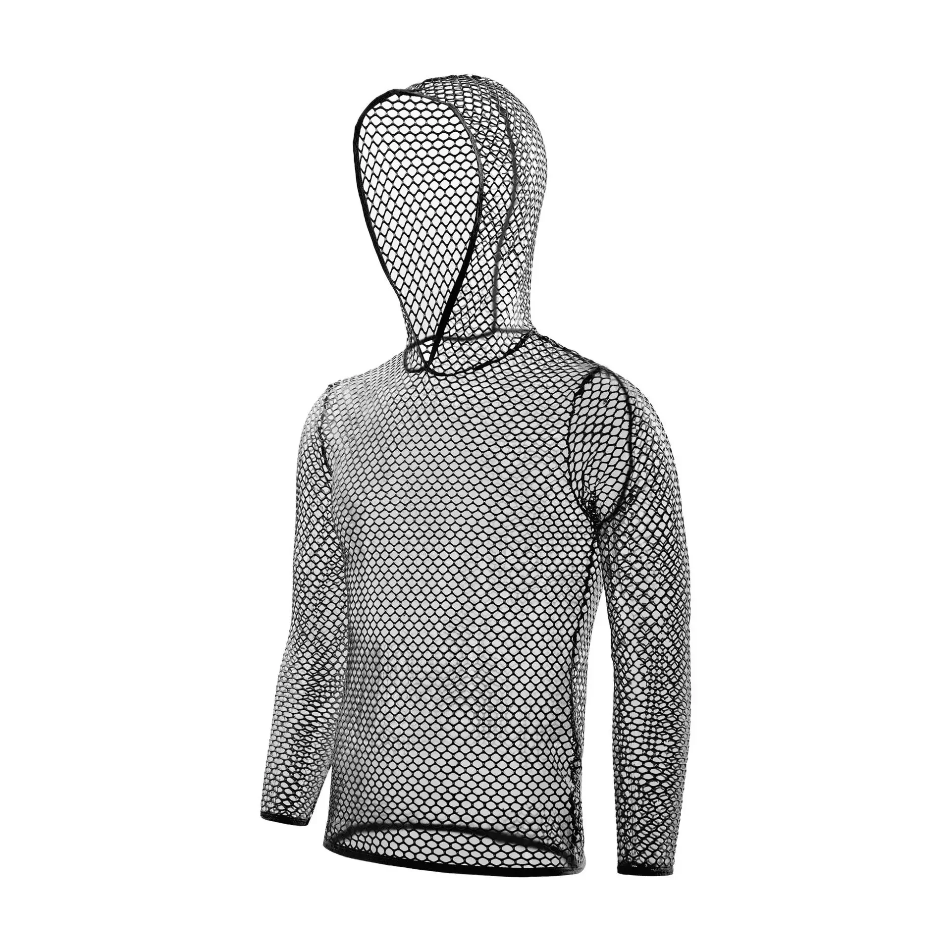 2026 Men T Shirt Streetwear Hoodie Men Long Sleeve Fishnet Mesh Transparent Breathable Tops Sexy Underwear Fetish Nightwear