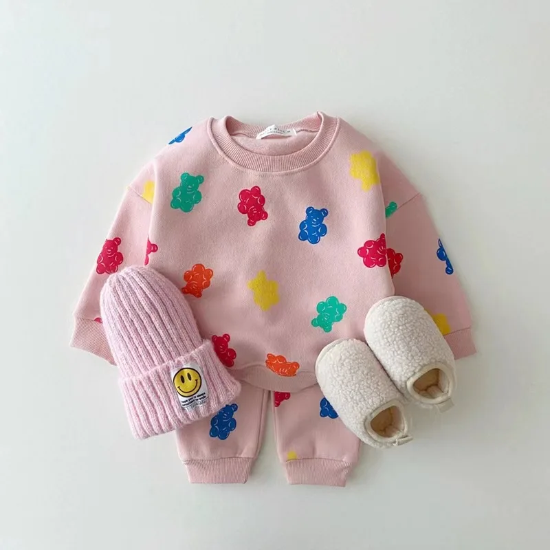 2025 Winter New Baby Warm Fleece Clothes Set Cute Colorful Bear Print Sweatshirt Set For Boys Girls Outfits Children 2pcs Suit