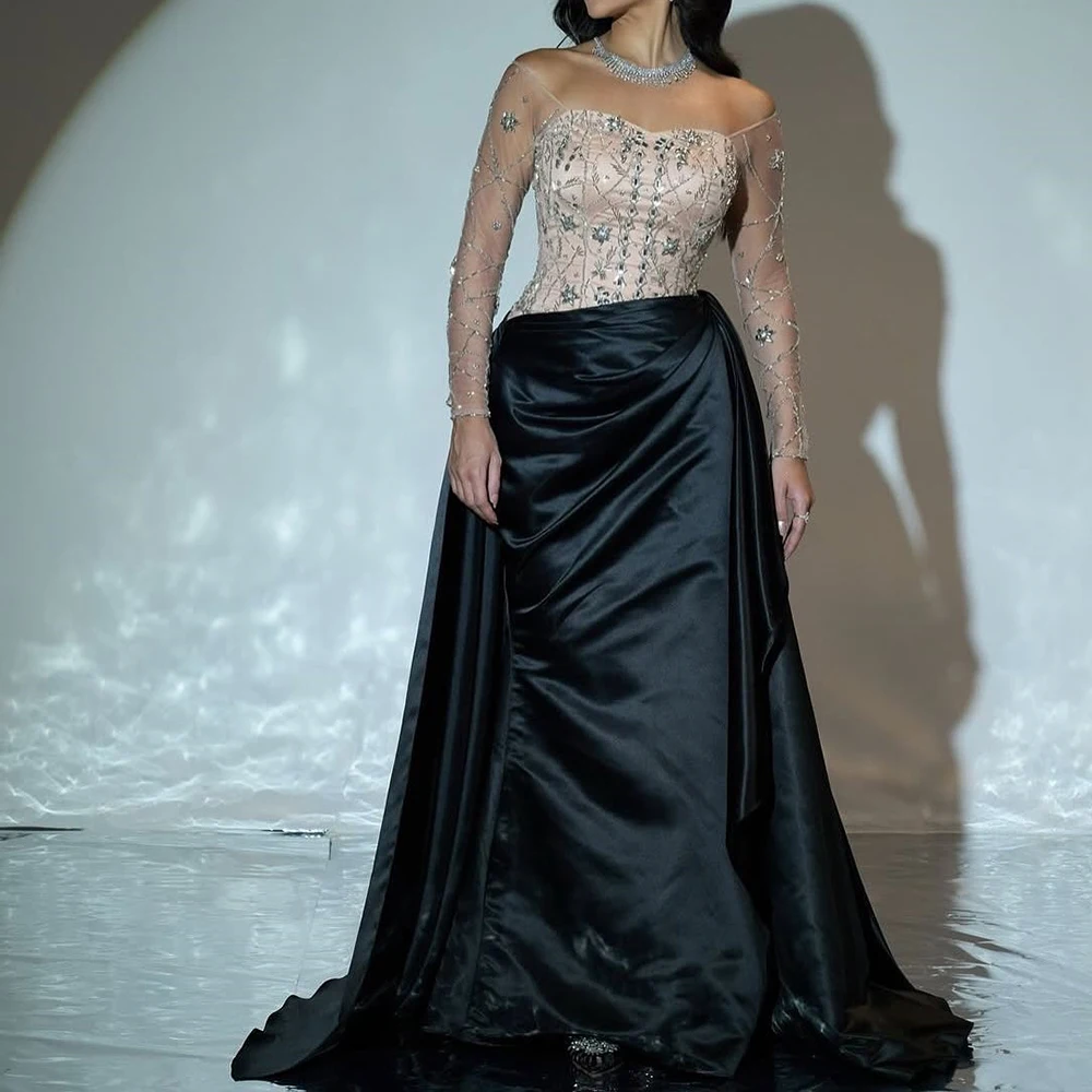 

Customized A-line Evening Dresses Floor-length Off The Shoulder Full Sleeve Prom Gown Fashion Crystal Sequined Draped Party Gown