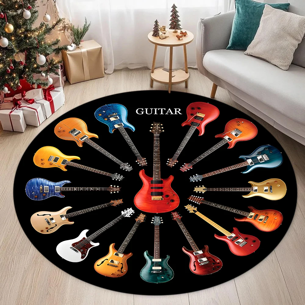 Guitar Bass Pattern Circular Carpet Street Rock Style Carpet Music Enthusiasts Living Room Bedroom Decoration Rug