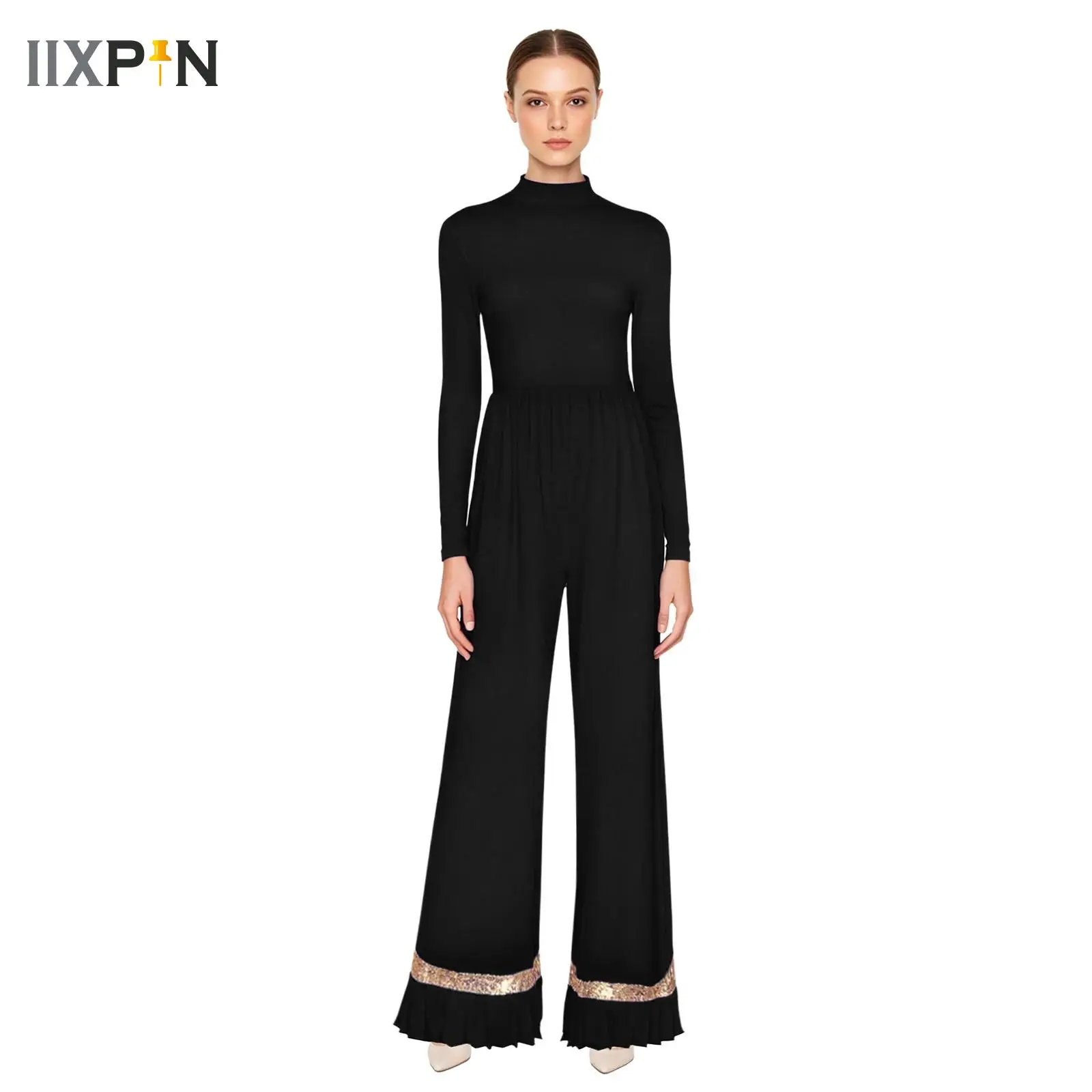 

Womens Sequin Ruffled Mesh Lyrical Dance Rompers Long Sleeve Wide Leg Pants One-piece Jumpsuit Worship Praise Church Costume
