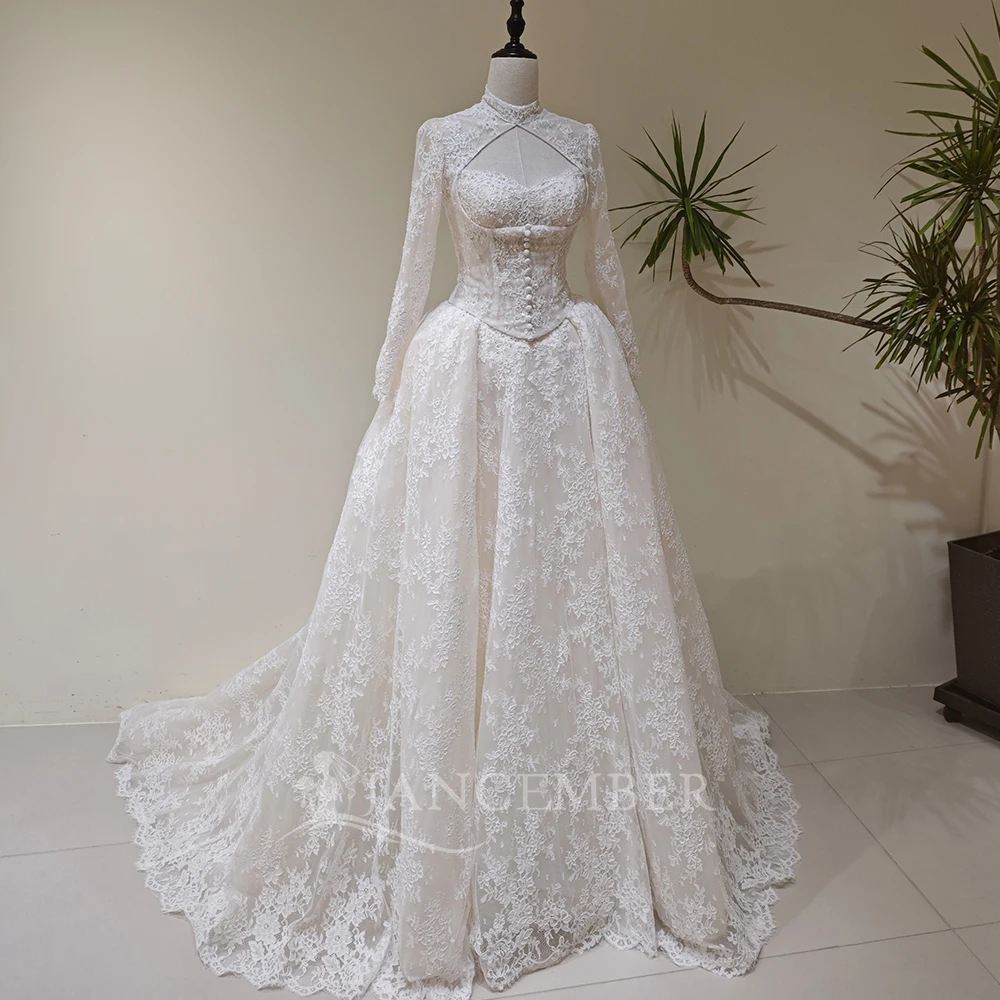 Exquisite Wedding Dress Ivory Lace A-line Customized Scoop Neck Detachable Sleeves Appliques Court Train robe de mariée