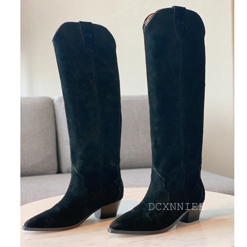 Runway Chunky High Heel Knee High Boots Women Pointed Toe Kid Suede Embroidery Long Booties Autumn Western Cowboy Knight Boots