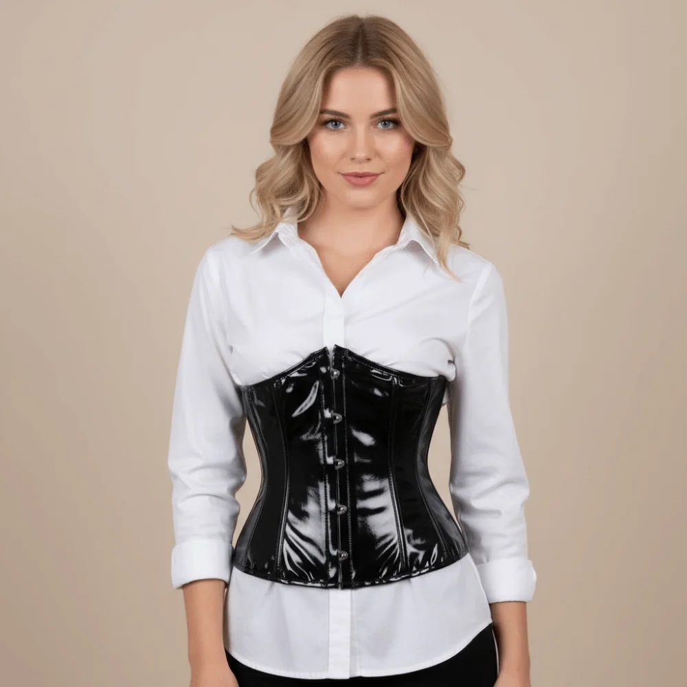 

Сексуальный блестящий корсет из ПВХ с кожаными вставками, черный, для утяжки талии, больших размеров, в винтажном стиле, стимпанк, модный женский корсет