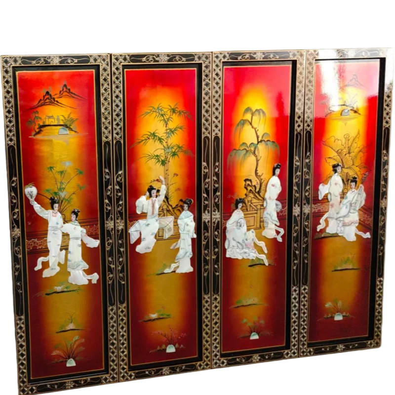ua-Vintage Chinese Lacquer Screen | Shell Inlay Art | Antique Room Divider-