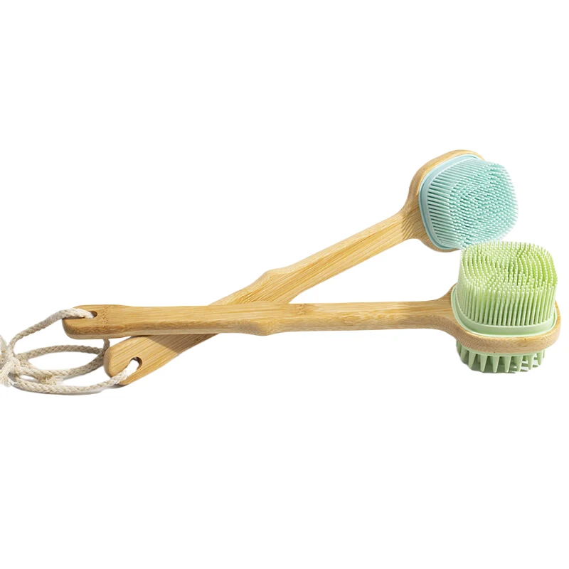 1pc Silicone Brush Head Back Scrubber Shower Brush With Long Wooden Handle Dry Skin Exfoliating Body Massage Cleaning Tool