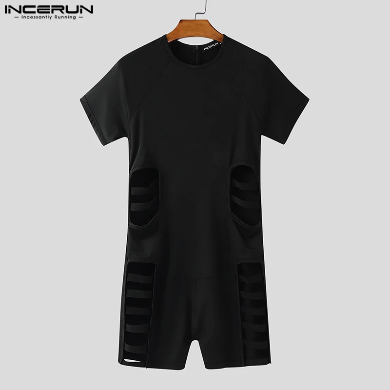 INCERUN 여름 남성 바디 슈트 솔리드 컬러 속이 빈 섹시한 오 넥 Playsuits 반팔 남성 Rompers 2025 지퍼 바디 슈트 남성
