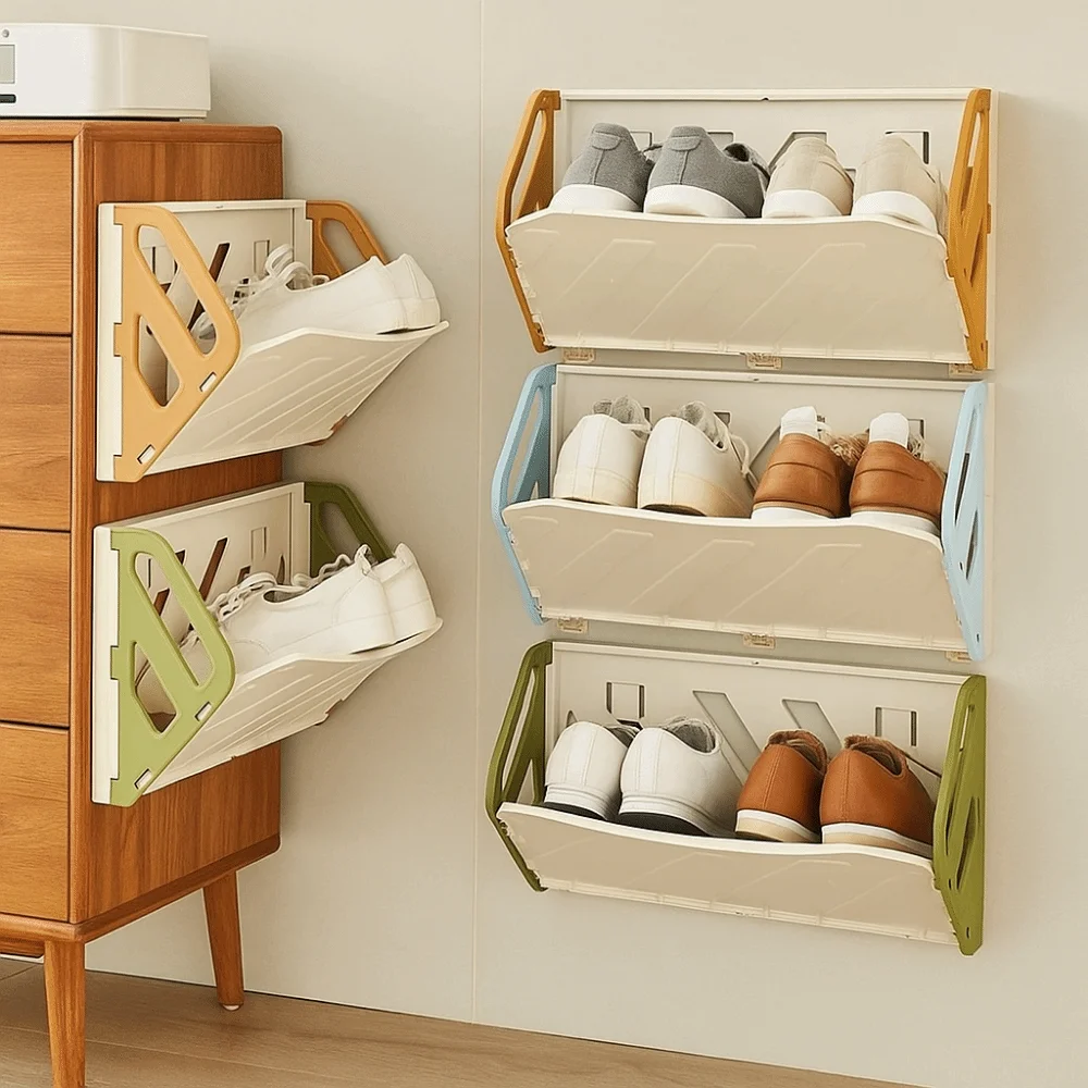 Multifunctional Plastic Folding Shoe Rack Large Capacity No Punching Door Shoe Rack Space Saving Hidden Storage Shelf Closet