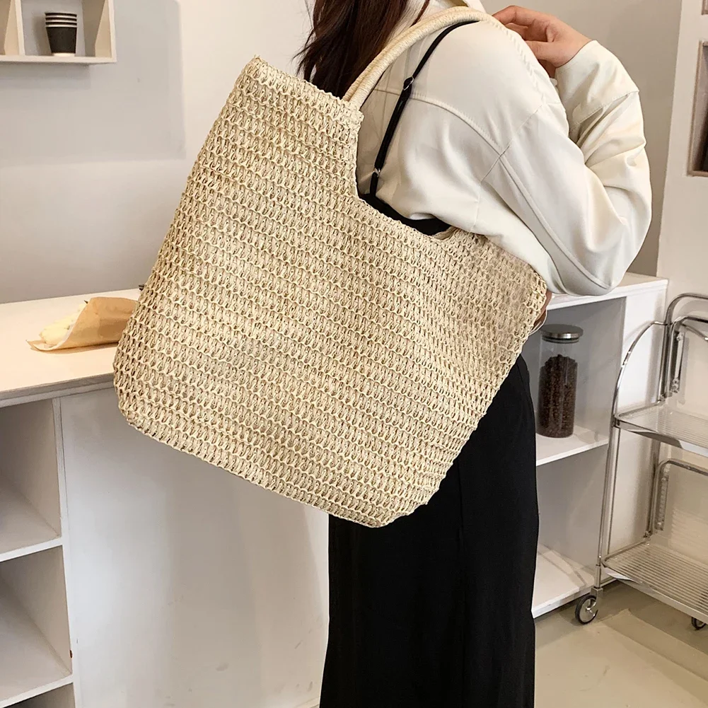 Women Straw Hobo Bag Large Capacity Crochet Beach Handbag Zipper Closure Weaving Travel Handbag Ladies Summer Daily Bag