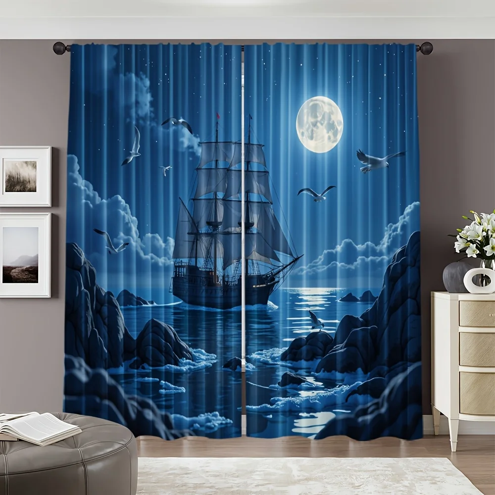 2 Panels Moonlight Boat Night Scene Curtains Art Window Decor for Family Gathering Party Celebration Home Decorative Drapery