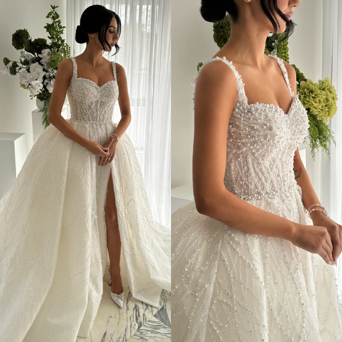 

Роскошное арабское свадебное платье с жемчугом, с вырезом «сердечко», на тонких бретелях, А-силуэт, современное свадебное платье для женщин из Дубая, на заказ