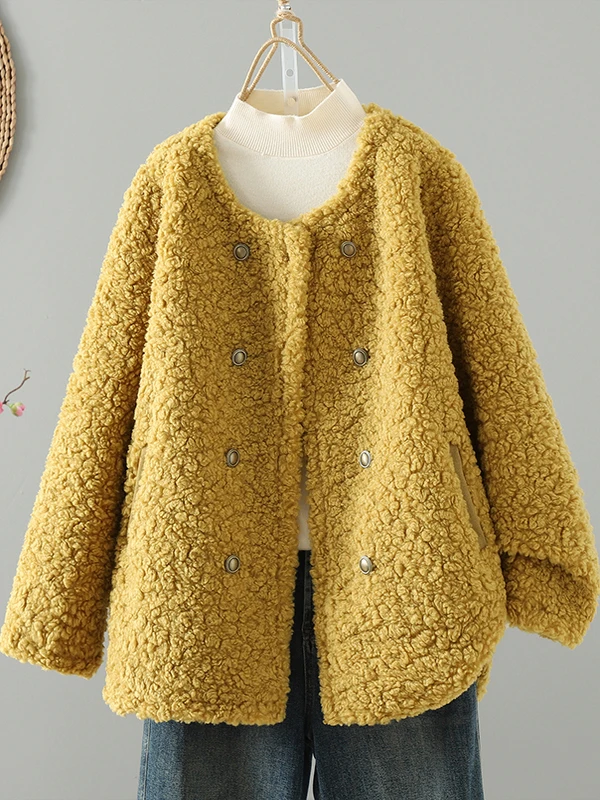 

Loose Lamb Fur Jaet Women's Faion Winter Coat Versatile Simple Sle Commute Long Sve round Ne Single Button Closure