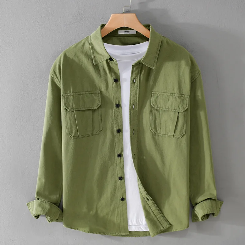 9858 Spring Fall Fashion Handsome Cargo Style Vintage Youth Shirts Casual Loose Long Sleeved Simple Tooling Male Khaki Blouse