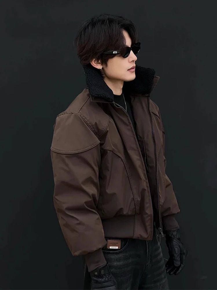 

American Retro Shoulder Jacket Cotton Men's Winter Lamb Fur Collar Thickened Three-proof Short Coat Youth Casual Warmth