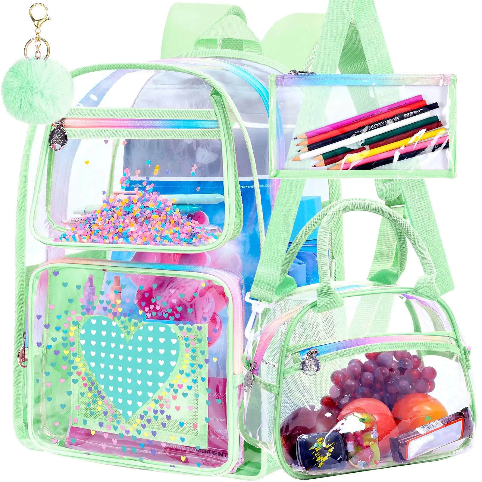 3pcs-17in-clear-girls-backpack-set-green-transparent-pvc-school-bag-with-polka-dot-heart-print-handbag-pencil-case