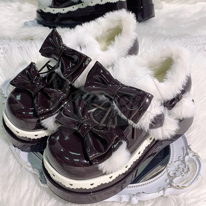 Original Lolita Snow Velvet Cake Winter Snow Shoes Cute Round Toe Bow Fleece Lined Thick Platform Cotton Boots for Women