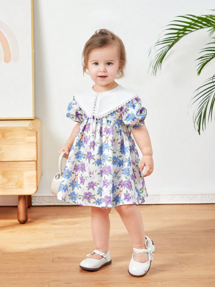 Baby girl child summer style sweet princess dress Korean version broken flower foreign style dress