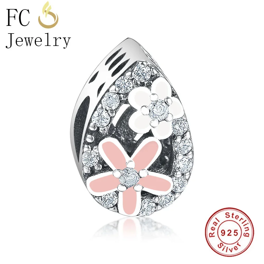 FC Jewelry Fit Original Brand Charms Bracelets 925 Sterling Silver Flower Pink Enamel Daisy CZ Stone Bead For Making Berloque