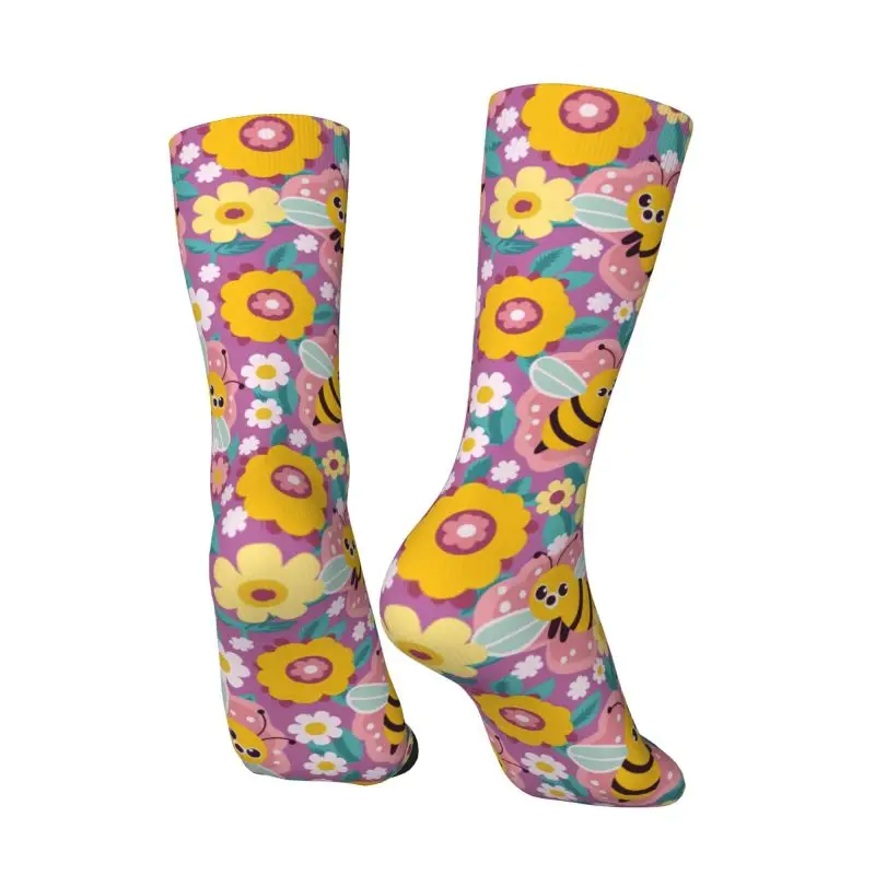 Custom Cute Bees Flower Pattern Men Women Crew Socks Unisex Kawaii Spring Summer Autumn Winter Dress Socks - view 3