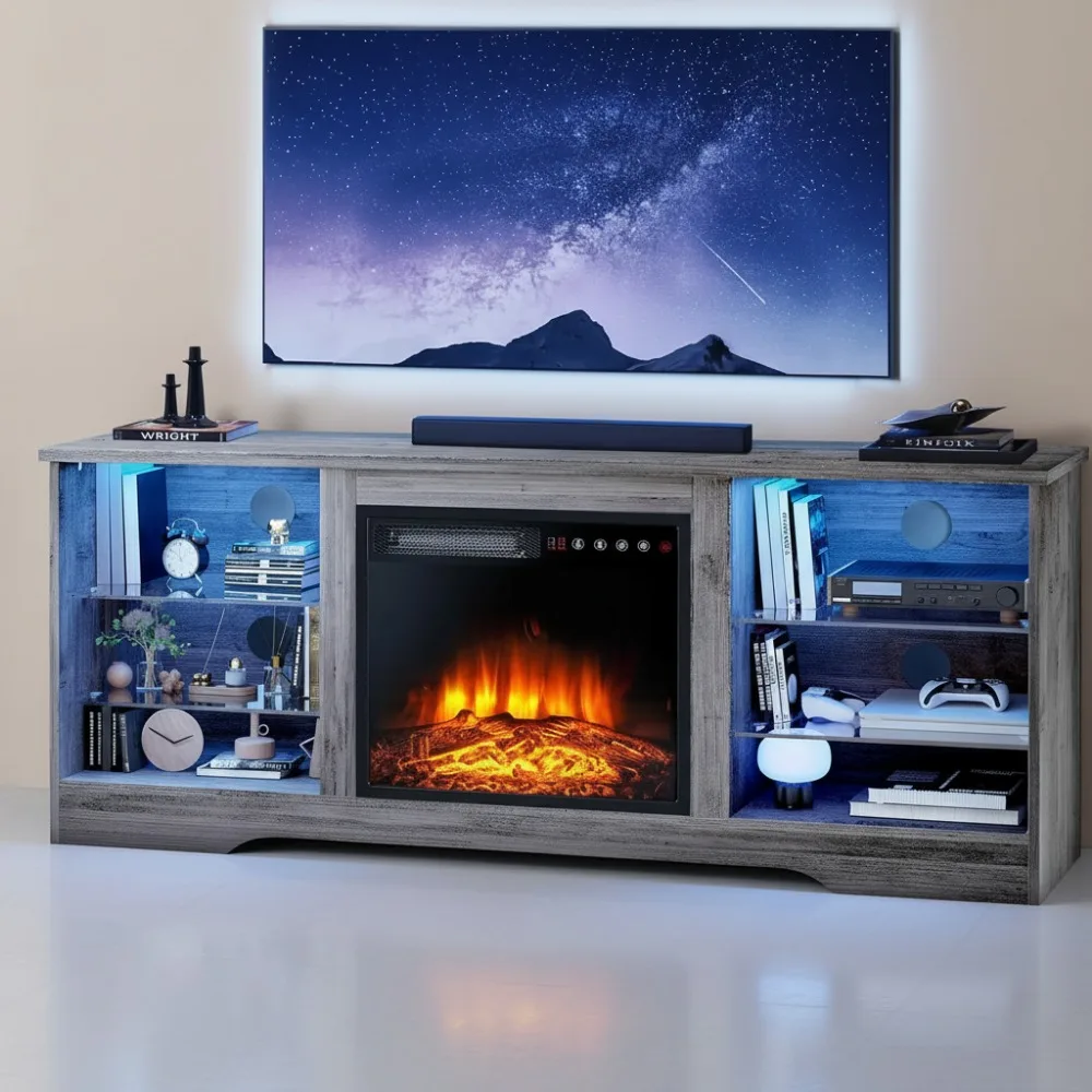Modern 58-Inch TV Stand with Electric Fireplace & Glass Shelves