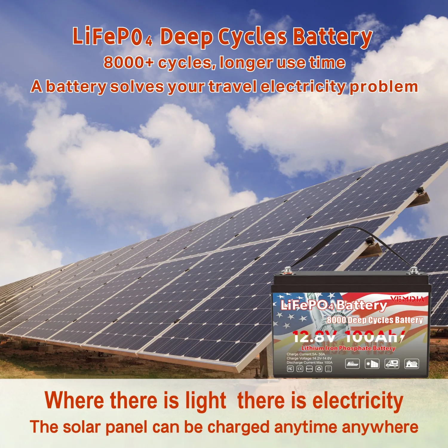 VEMDIA 12V 100Ah LiFePO4-Batterie für RV Solar Marine Trolling Motor Backup Power