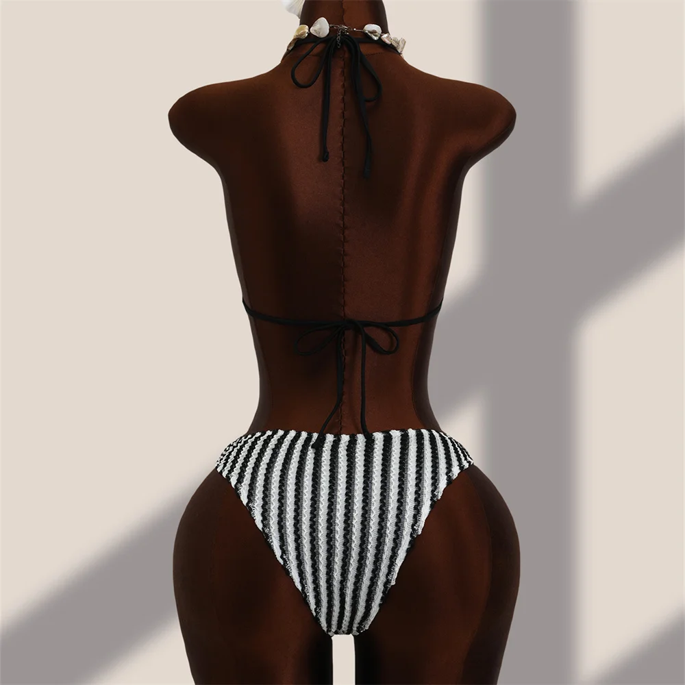 Striped One-piece Swimsuit Crochet Knitted Bikini Extreme String Backless Monokini Metal Flower Swimwear Hollow Out Beach Outfit