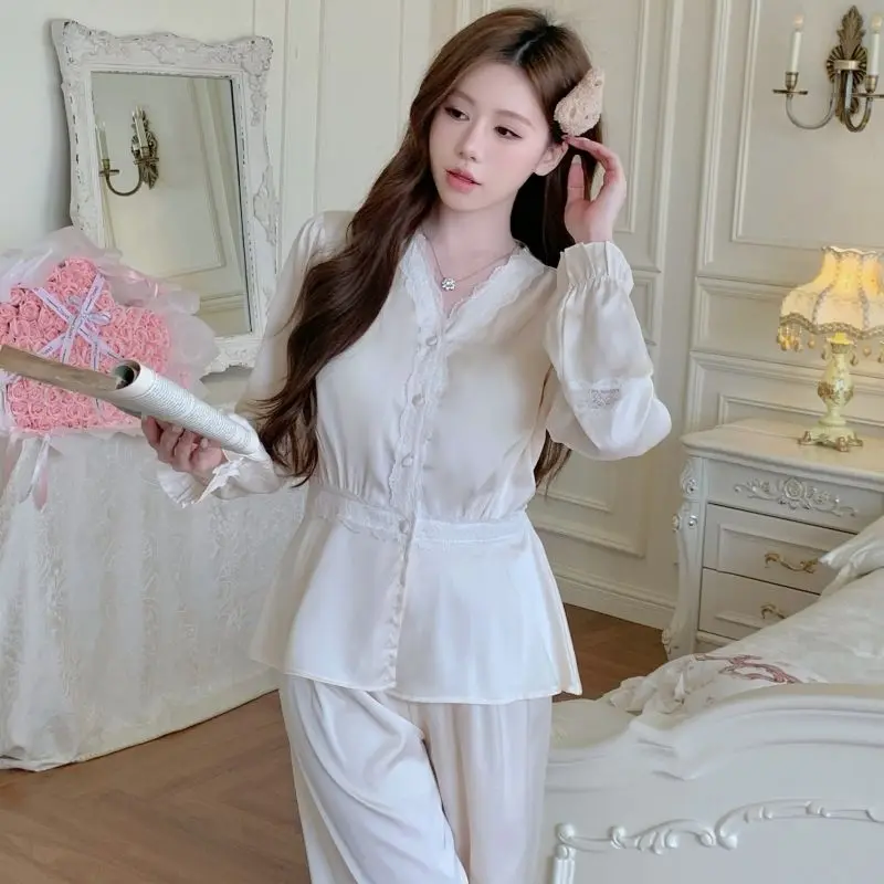 

2025 Summer Long Sleeve Silk Satin Pajama Sets for Women Korean Cute Sleepwear Pyjama Homewear Pijama Mujer Home Clothes Outfits