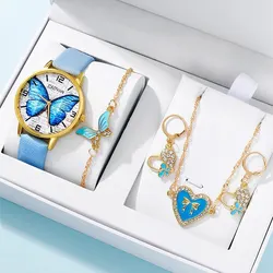 New Blue Butterfly Watch Set for Women Fashion Casual Quartz Wristwatch Ladies Elegant Leather Band Bracelet Watches Gifts