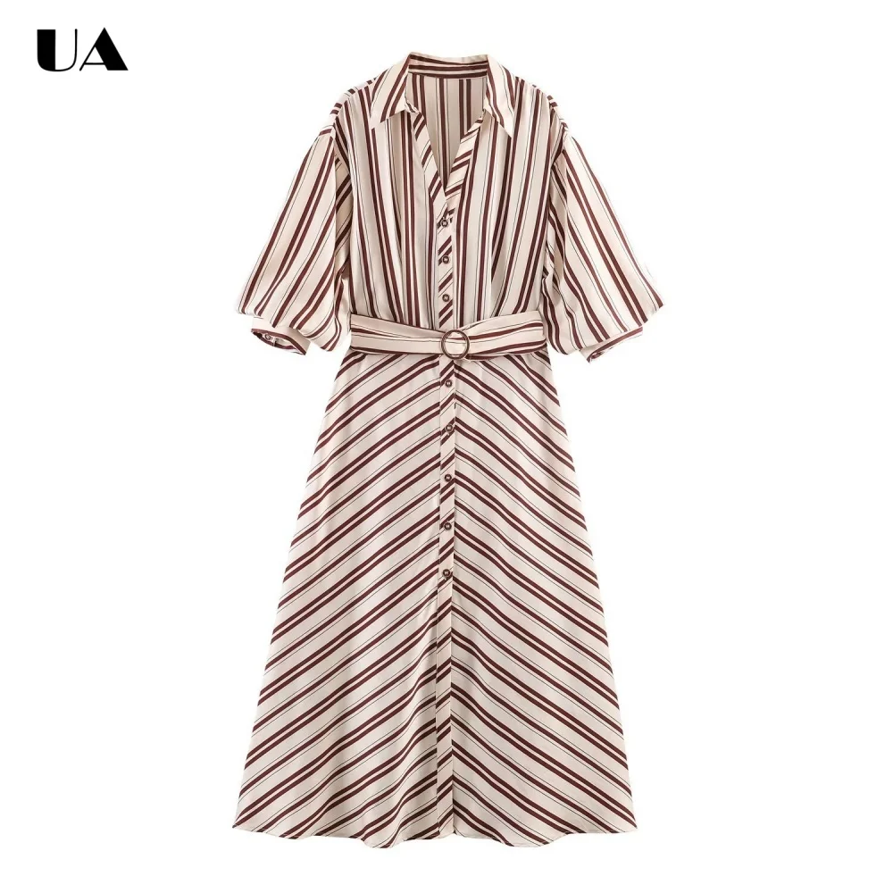 

Trendy Striped Turn-down Neck Midi Dress with Lantern Sleeve, Commuter Style Button Long Dress for Woman, Fashionable Belt Dress