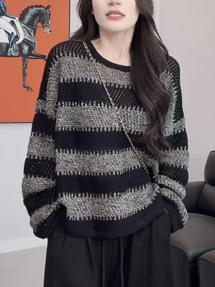 

Ele Lazy Striped Hollow Long Sve Women's Sweater Autumn New Faion Loose Personali Top Comfortable Knitted Polyester