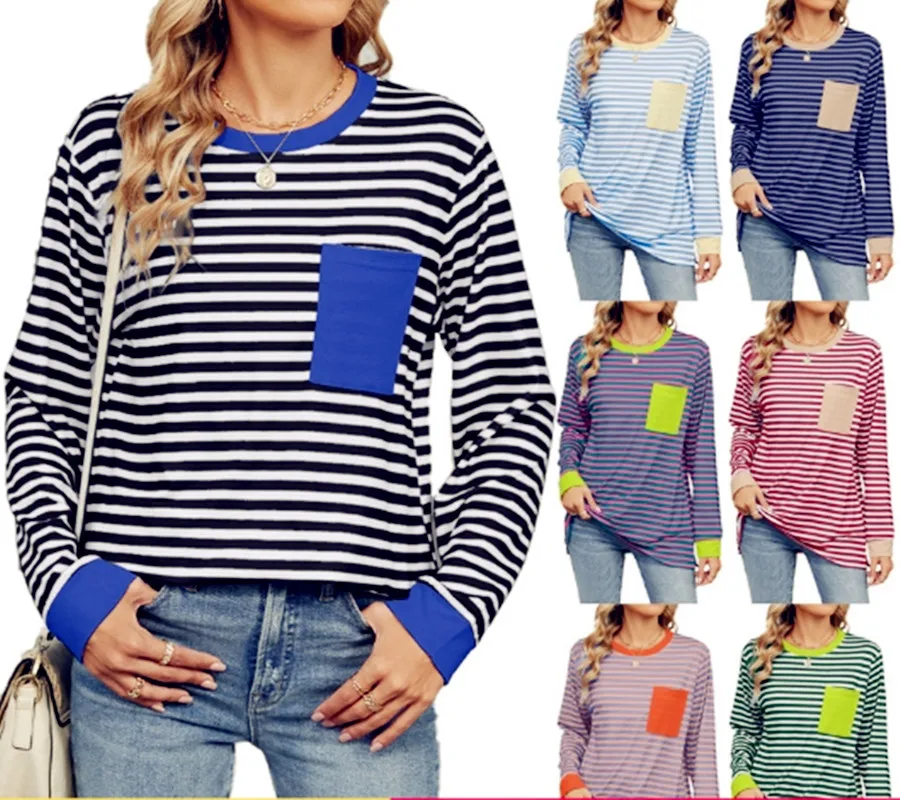Women T Shirts Vintage Spring Winter Tees Autumn Pocket Strip Sexy Tops Warm Blouse Top Casual Full Long Sleeve Shirt