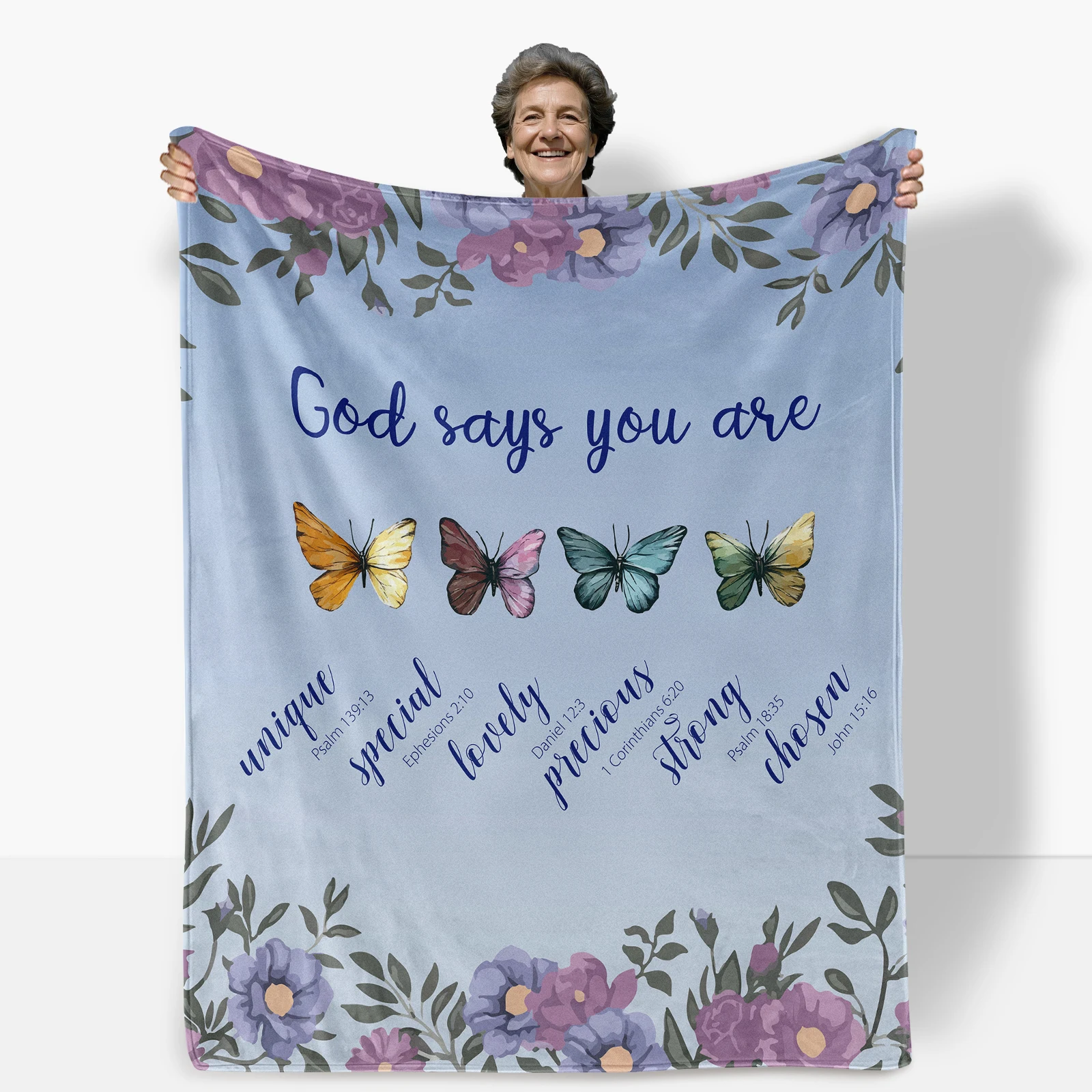 

Flannel blanket for women featuring floral butterfly designs and religious quotes offering spiritual comfort