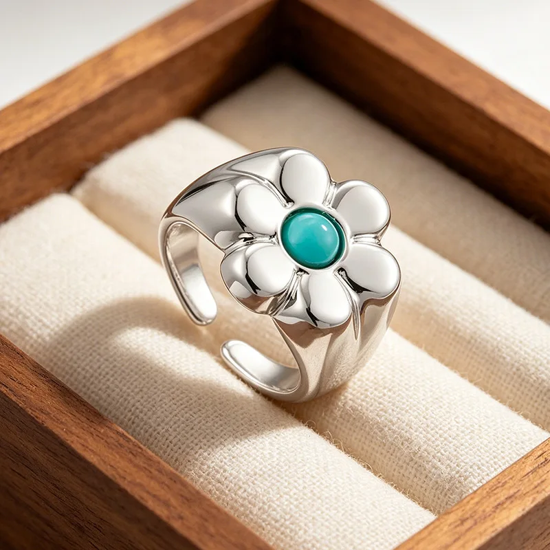 925 Sterling Silver Open Finger Ring Vintage Blue Green Flower Leaf Elegant For Women Girl Jewelry Gift Dropship Wholesale
