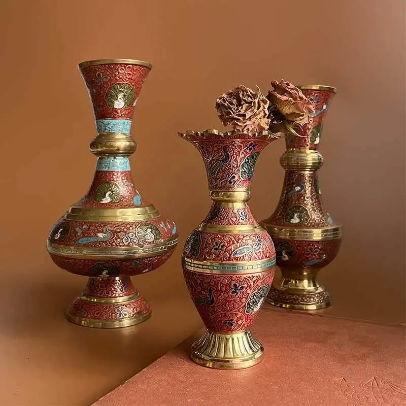 Light  painted brass vase high-end dried flower lily simulation flower medieval living room flower arrangement creative ornament