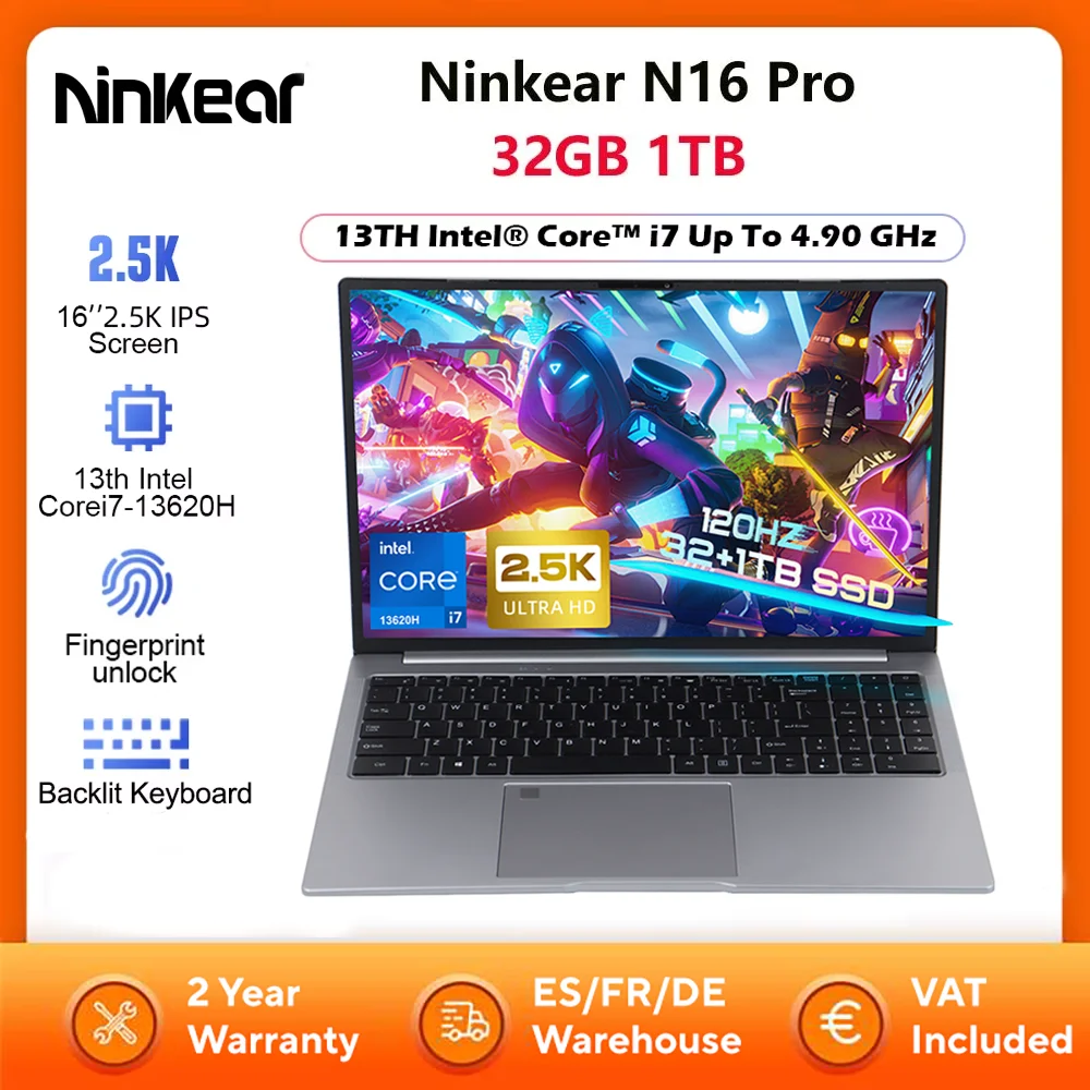 Ninkear N16 Pro Laptop 32GB 1TB 13e Intel i7-13620H 16'' 2.5K IPS 120Hz Gamingcomputer 57.75Wh Vingerafdruk Ontgrendelen Notebook