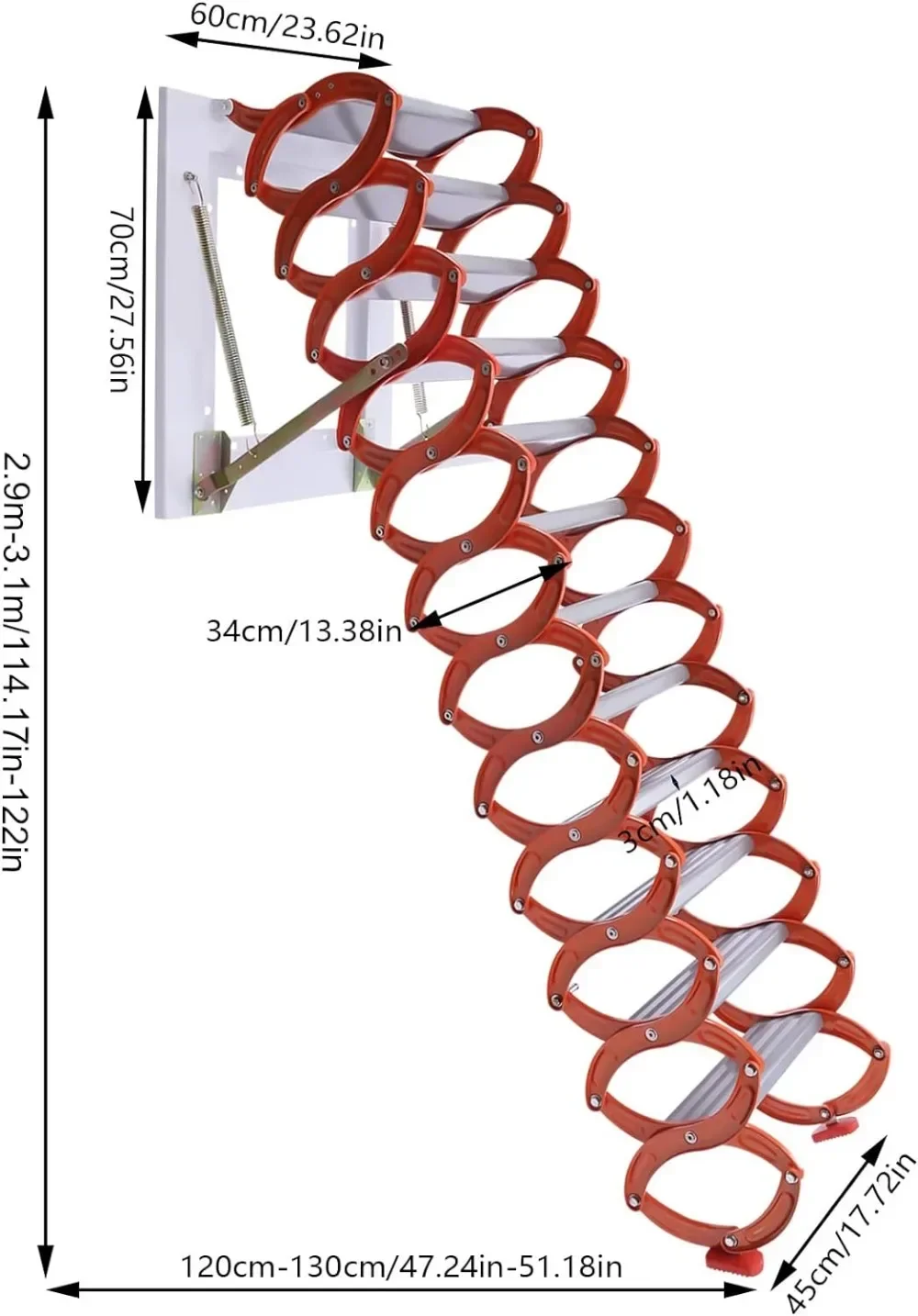 Ladder Pull Down System12 Steps Aluminum Magnesium Alloy Attic Stairs 10.17FT Wall-Mounted Collapsible Loft Ladder with Armrests