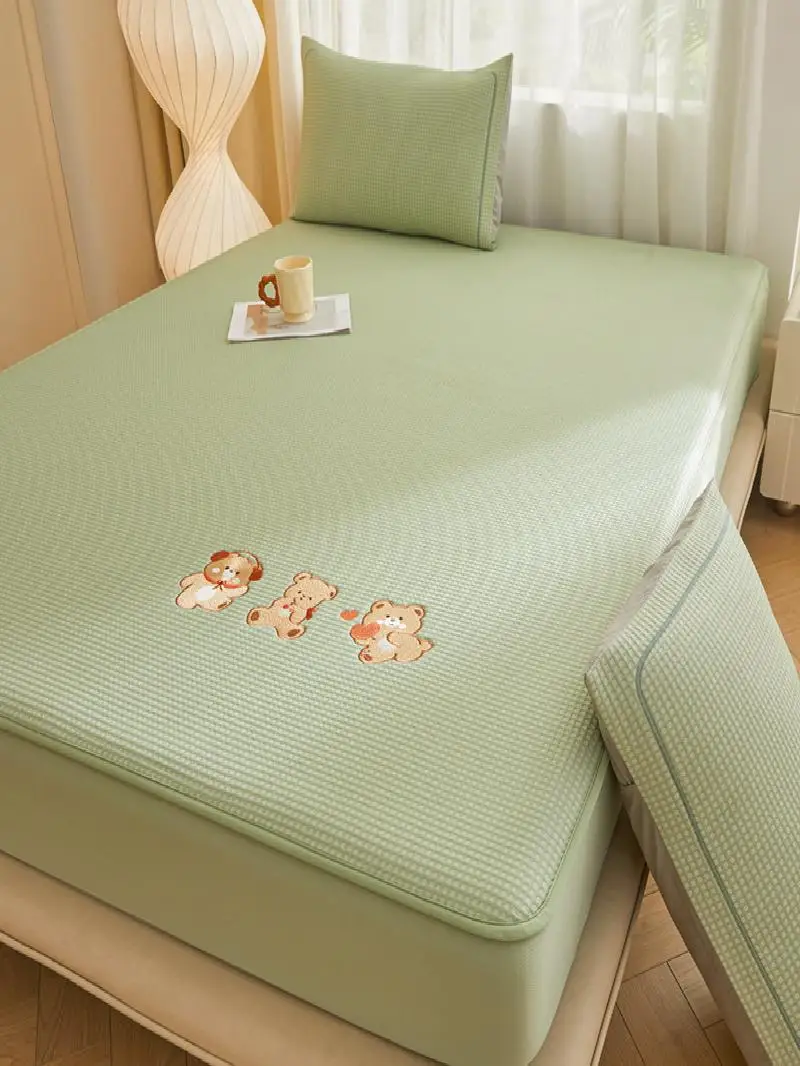 cartoon-embroidered-polyester-frosted-bedding-set-tee-piece-air-conditioning-soft-cooling-mat-for-summer-single-and-double