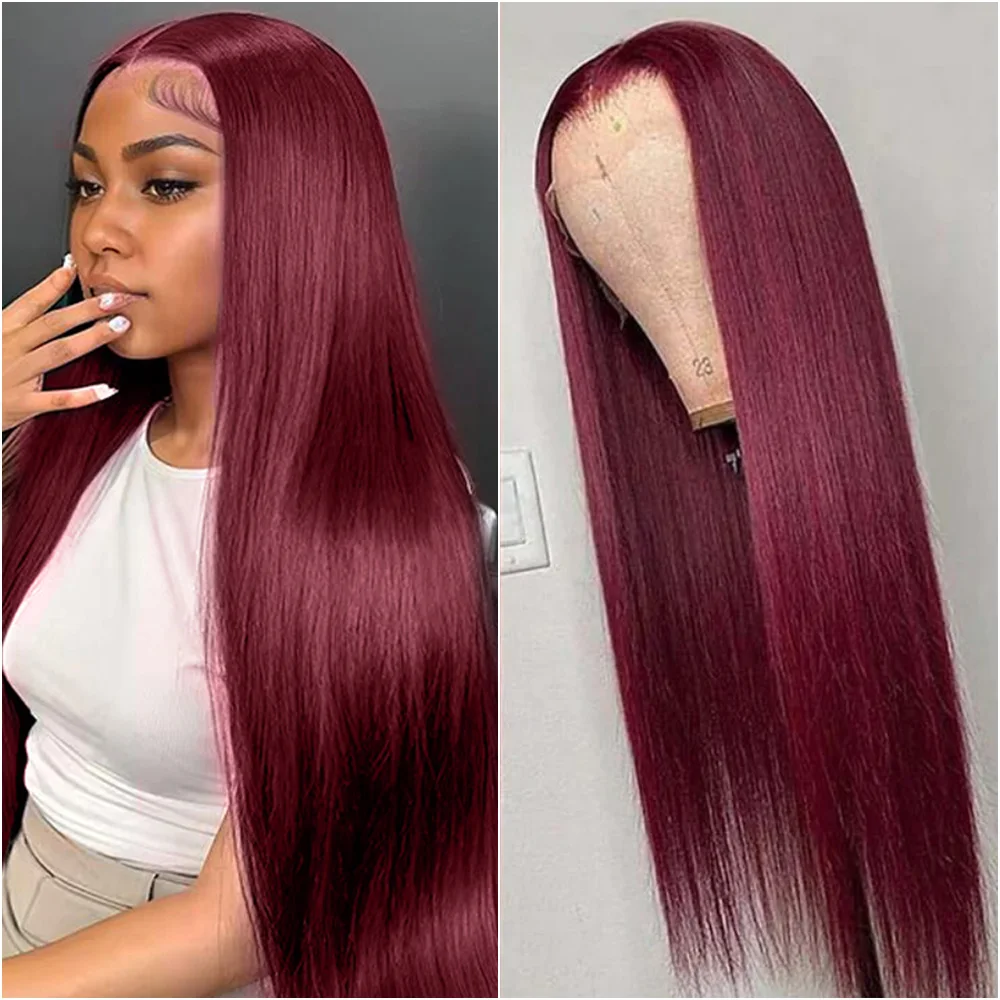 

13x4 Transparent Lace Frontal 99J Burgundy Human Hair Wig Bone Straight 13x6 HD Lace Front 220 Density Wigs For Women PrePlucked
