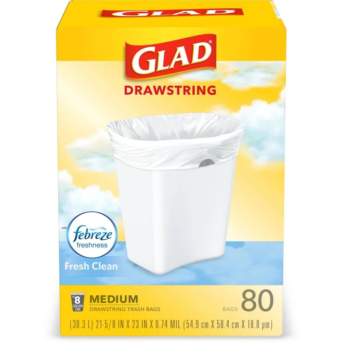 

Glad Drawstring Medium Trash Bags - Fresh Clean - 8gal/80ct: Odor Control, Gripping Drawstring, Household Use