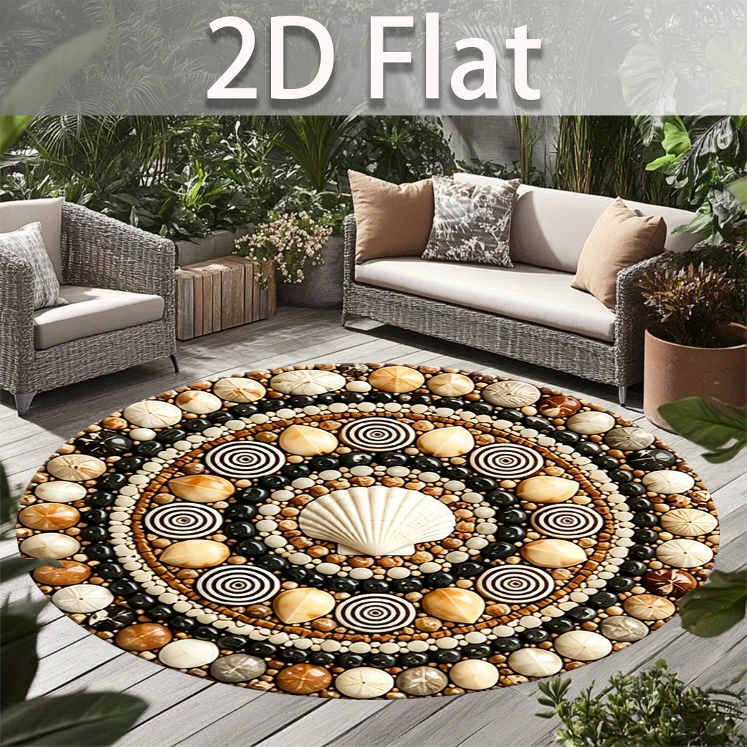 Beach Ocean Themed Circular Decor Mat Realistic Seashell Pebble Spiral Stone Printed Round Rug for Outdoor  Indoor Leisure Space