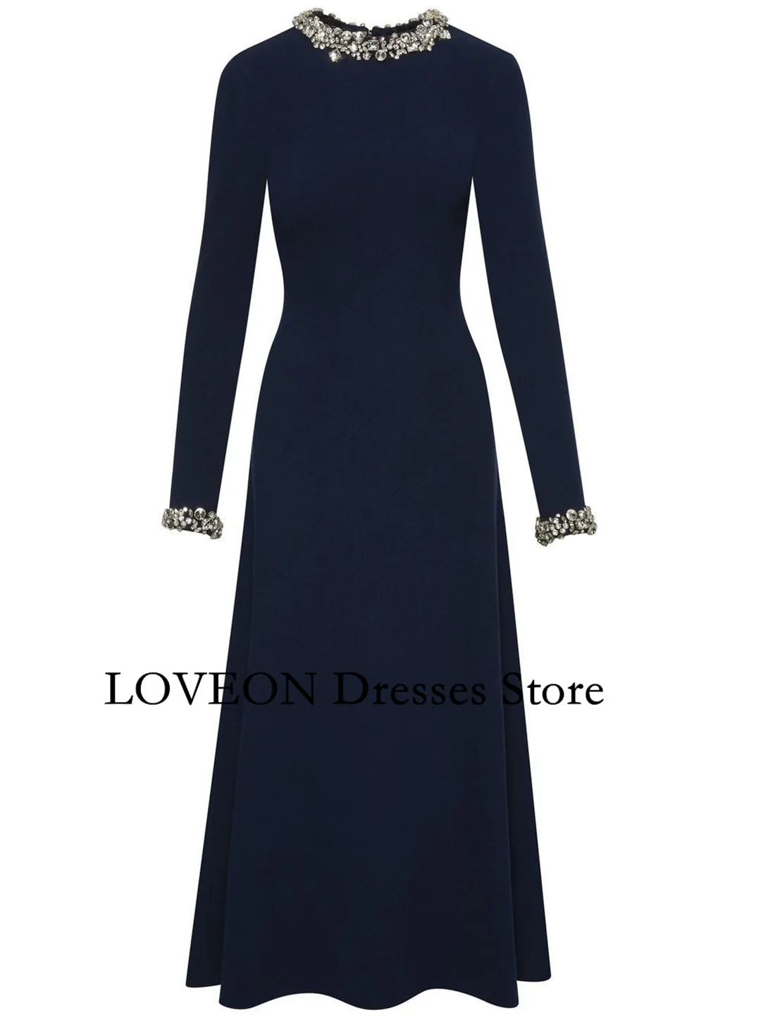 Customized O-Neck Navy Blue Vintage Formal Dress Prom Party T-length Crystals Evening Gowns for Women Formal Bridesmaid Dress image 2