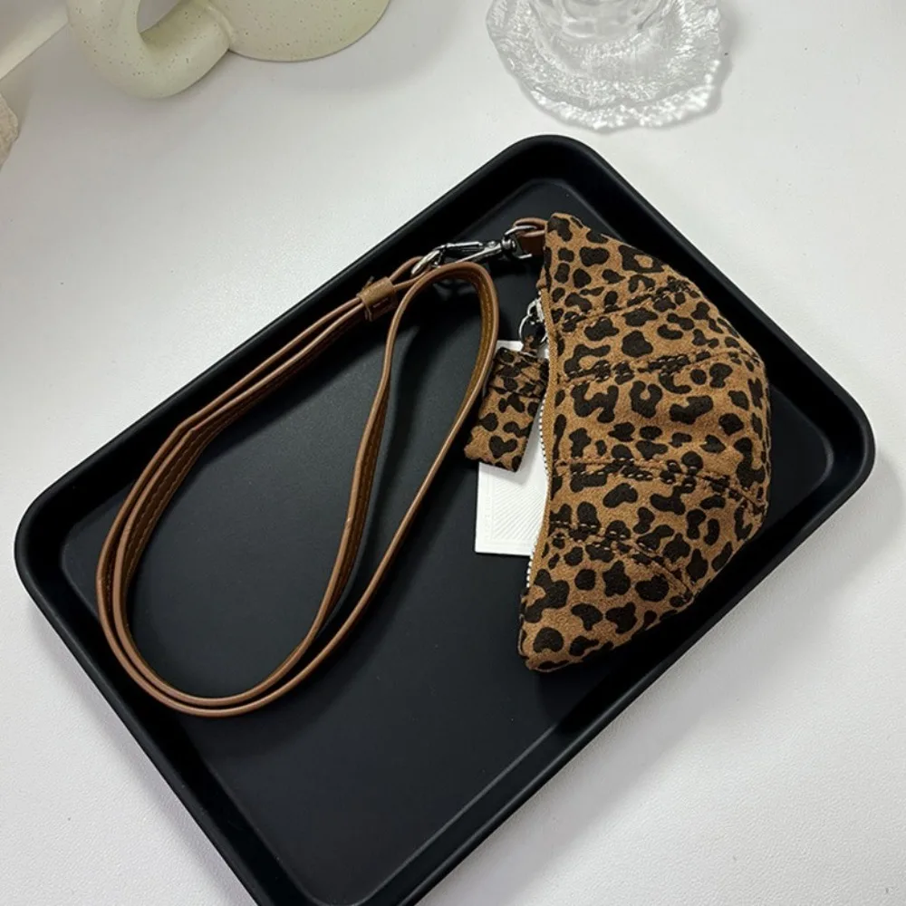 Fashion Suede Leopard Print Hanging Neck Bag Y2K Croissant Coin Purse with Lanyard Handbag Card Holder Mini Storage Bag Outdoor