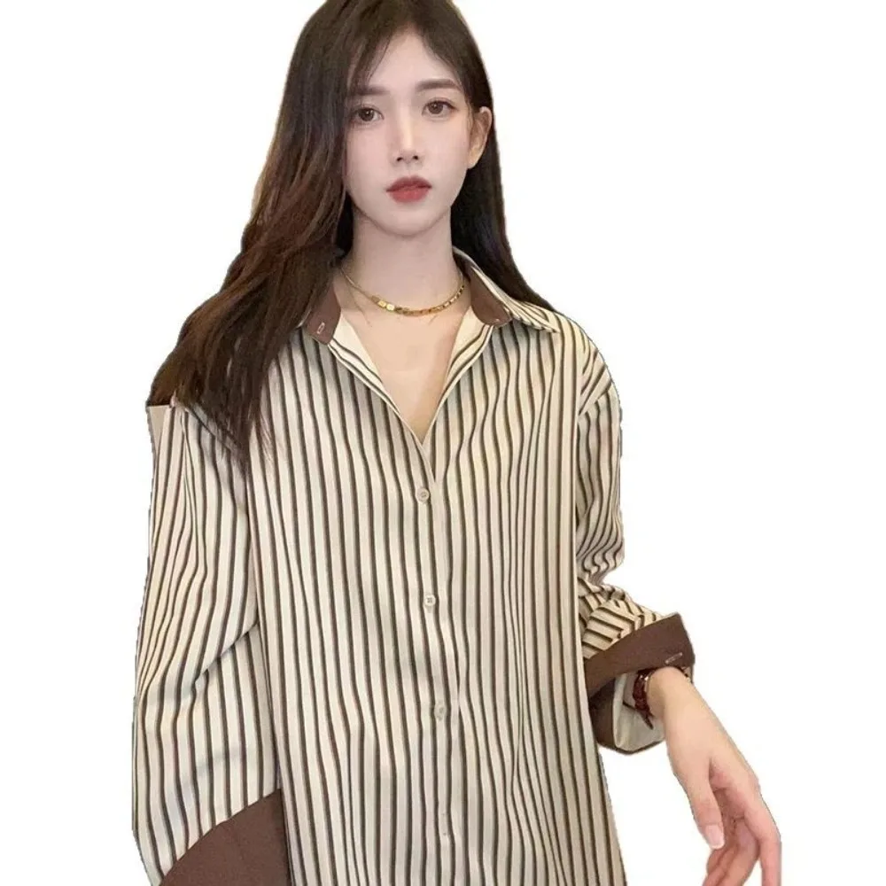 

V-neck Women Stripe Shirts Tops Leisure Lapel Apricot Coffee Korean Style Blouse Streetwear Simple Stripe Buttons Shirts