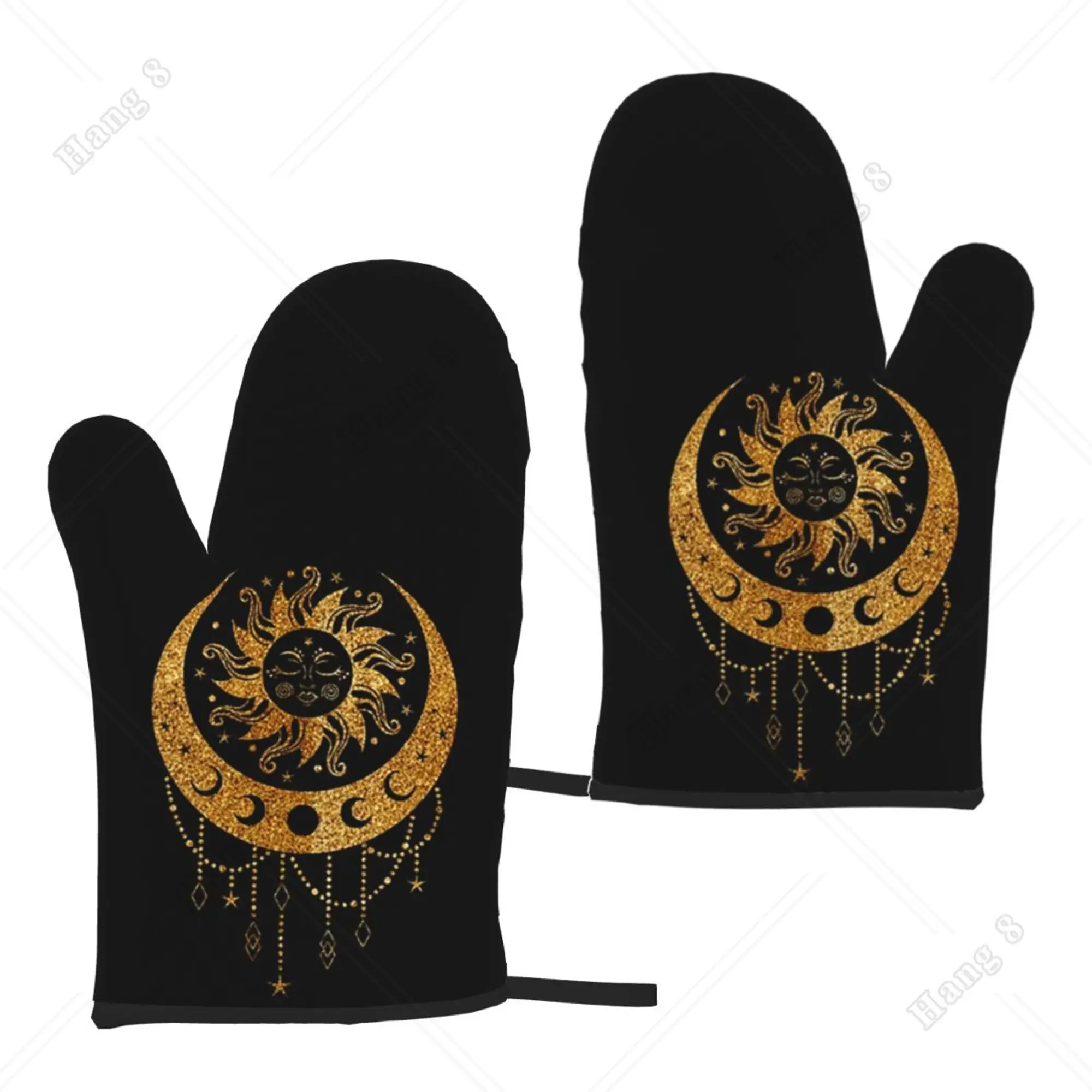 

Gothic Golden Moon and Sun Oven Mitts Kitchen Gloves Women Men Heat Resistant for Cooking Baking BBQ One Size Waterproof