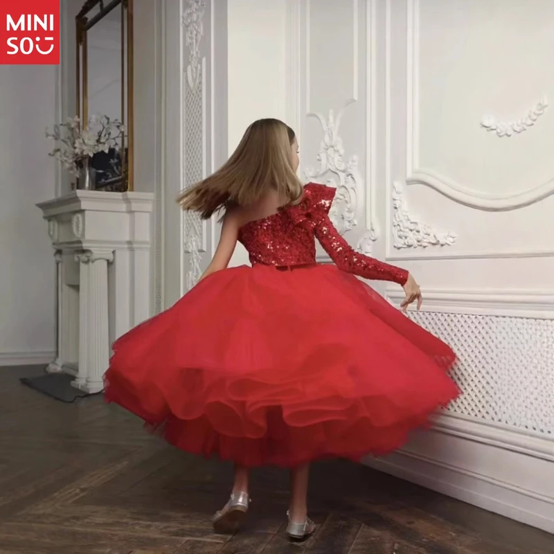 

Girls' Princess Flower Dress - One-Shoulder Midi Pageant Gown, Pink Flower Girl Bridesmaid Outfit