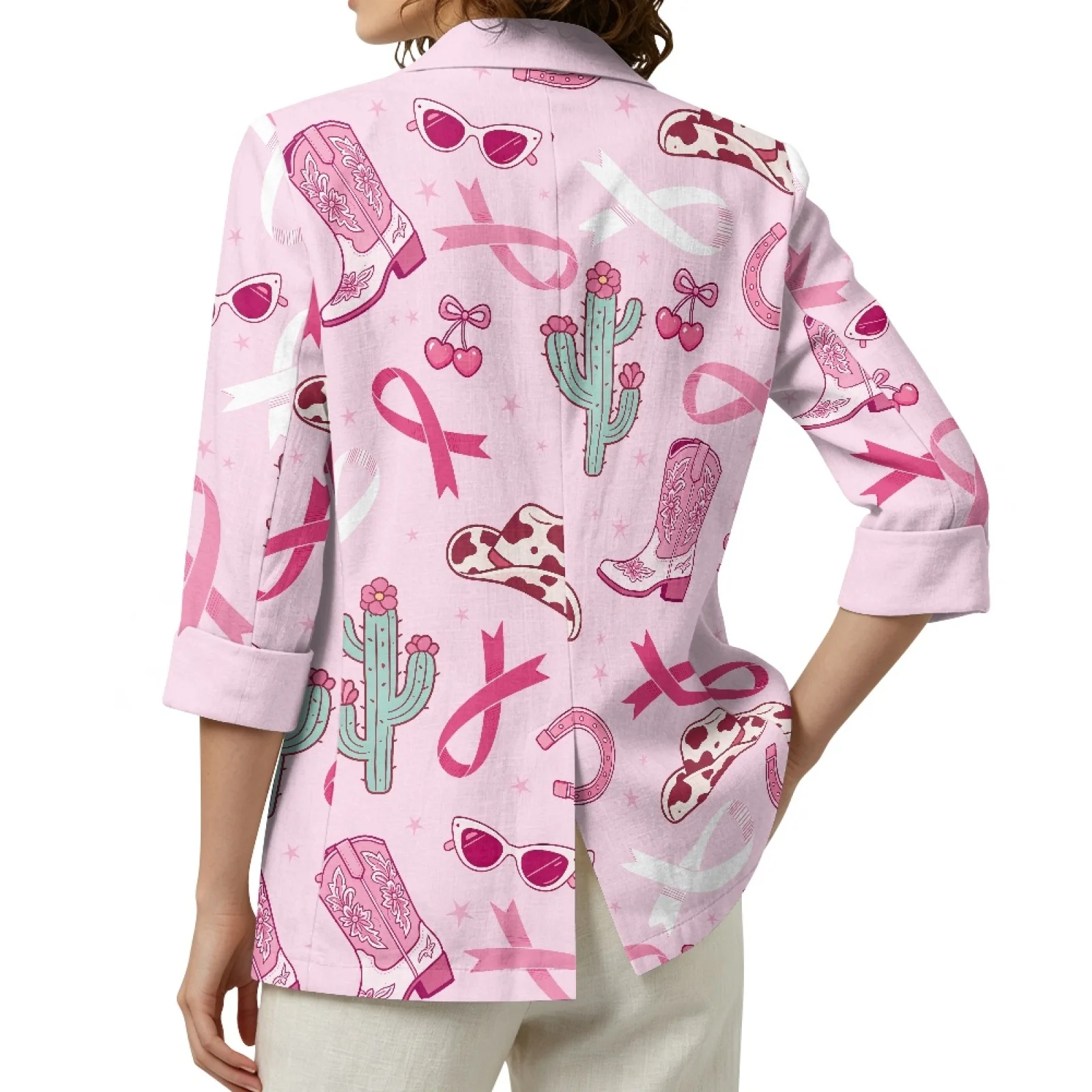PENSTROLL Pink Ribbon Western Print Linen Style Open Front Beach Cover Ups Sizes S-3XL Loose Cardigans for Women for Work