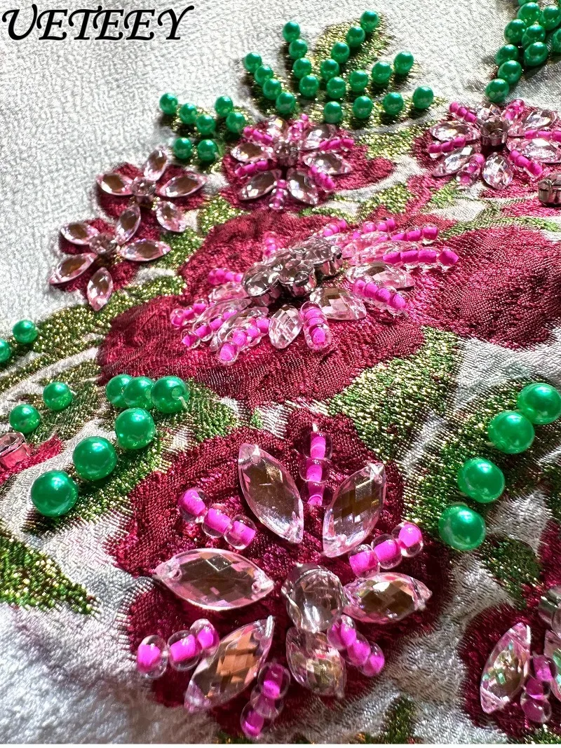 Senso di fascia alta Unico Industria pesante Perline Abito jacquard a maniche corte che riduce l'età Temperamento eleganza femminile Nuovi abiti